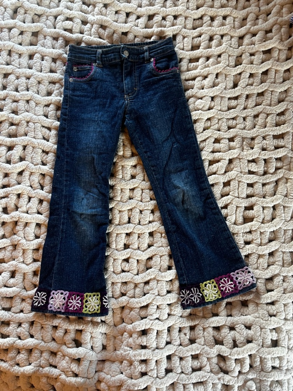 The Children's Place Dark Wash Flare Jeans with Colorful Embroidered Hem